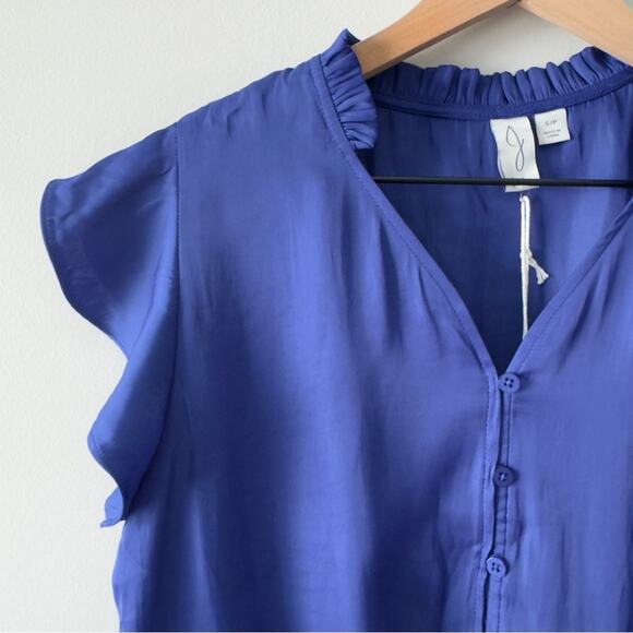 Joie Blue Flutter Sleeve Blouse Tie Front Button down Ruffle V-Neck Solid blue S - Picture 3 of 12